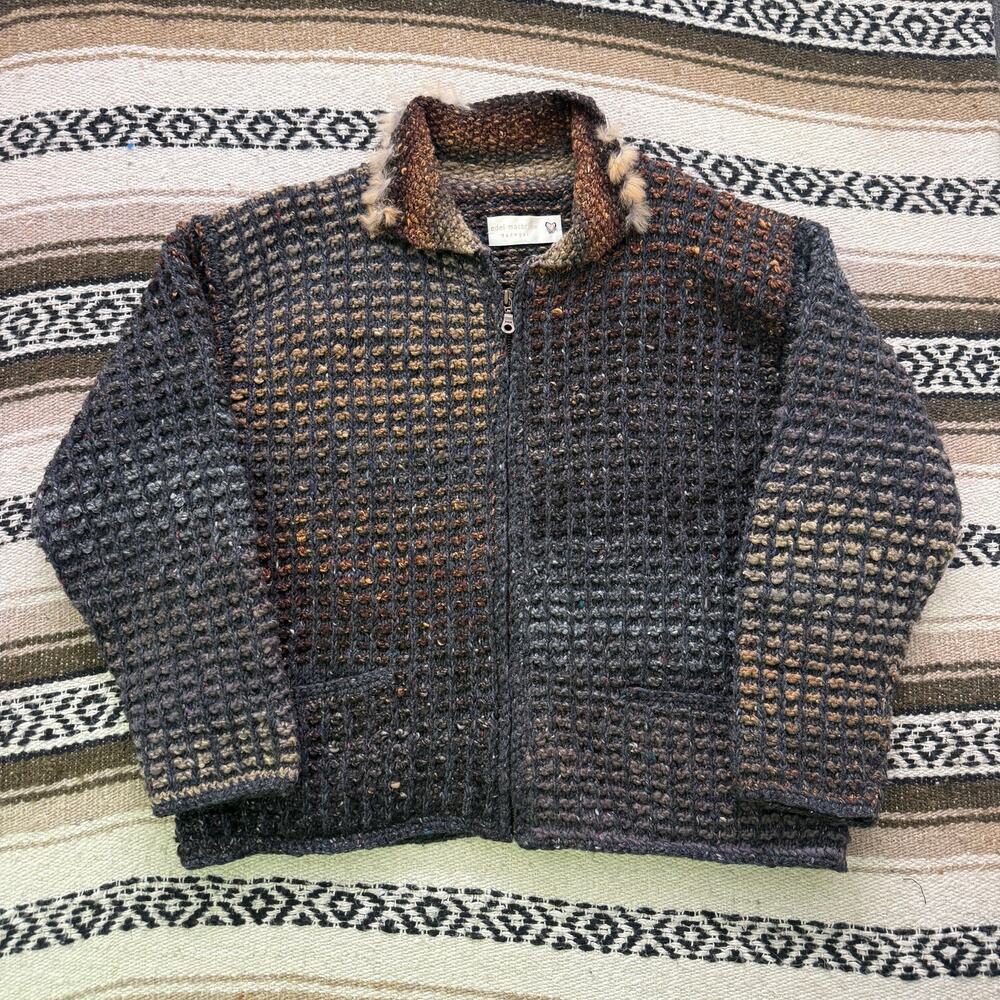 Women's Edel Macbride Donegal Brown Tone Knit Wool Zip Up Sweater Jacket Sz L